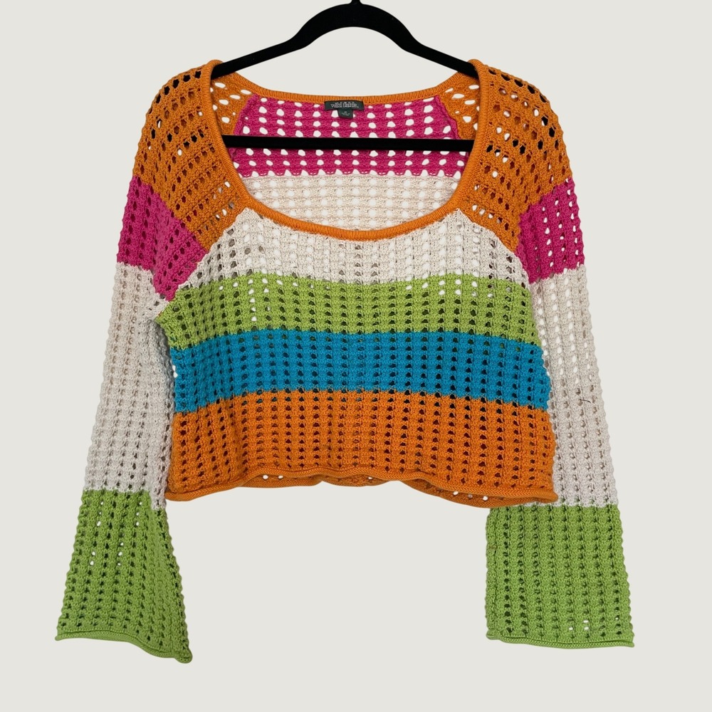 Wild Fable Crochet Sweater Multi Color Striped Cropped Boho Festival Beach Sz M